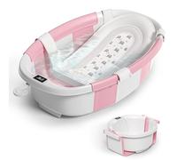 Collapsible Baby Bathtub for Newborn to Toddler 0-36 Months,Extra Large Foldable Infant Bath Tub with Thermometer,Cushion & Drain Hole,Portable Travel Tub, Baby Shower Gift Pink