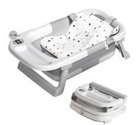 Collapsible Baby Bathtub,with Removable Soft Bath Pad&Storage Tray&Thermometer，Gift Bundle，Non-Slip Infant Shower Basin Newborn to Toddler 0-36 Months,Portable Travel Esencials Boy Foldable Tub,Gray