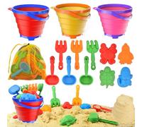 Collapsible Beach Toys for Toddler,Sandbox Toys for Kids 3 Packs Foldable Buckets with Sand Molds,Shovels&Mesh Bag for Beach Summer Outdoor Activities,Travel Sand Toys for Kids Boys Girls