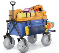 Collapsible Beach Wagon with 9" Balloon Wheel, Heavy Duty Foldable Beach Cart with Rear Tailgate for Sand, Camping, Fishing and Sport,Blue