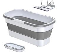 Collapsible Bucket 20x8in Rectangular Large Capacity Folding Washing Basket with Handle Space-Saving Mop Bucket with Moving Wheels Cleaning Gray White..