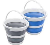 Collapsible Cleaning Bucket/Pail - Space-Saving, Portable Foldable Plastic Water Container/Pot for Garden, Beach, Car Wash, Camping, Fishing (Grey+Blue, 5L)