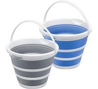 Collapsible Cleaning Bucket/Pail - Space-Saving, Portable Foldable Plastic Water Container/Pot for Garden, Beach, Car Wash, Camping, Fishing (Grey+Blue, 10L)
