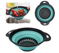 Collapsible Colander Over The Sink Vegetables/Fruit Silicone Colander Strainer with Handles Collapsible Basket Wash Fruits, Vegetables, and Rice Etc (Round Grey & Turqouise 24.5 x 20 x 8.5 cm)