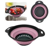 Collapsible Colander Over The Sink Vegetables/Fruit Silicone Colander Strainer with Handles Collapsible Basket Wash Fruits, Vegetables, and Rice Etc (Round Grey & Pink 24.5 x 20 x 8.5 cm)