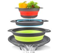 Collapsible Colander Set (4-Pack) - Self-Draining Sink Edge Strainer, Nesting Design for Easy Storage in 3 Sizes (Small, Medium, Large) & Colors (Red, Blue, Green) (Green + Blue + Red)