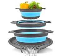 Collapsible Colander Set (4-Pack) - Self-Draining Sink Edge Strainer, Nesting Design for Easy Storage in 3 Sizes (Small, Medium, Large) & Colors (Red, Blue, Green) (Blue)