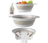Collapsible Colanders (2 Pack Set) Food Strainers with Over-Sink Water Draining Base for Pasta Fruits and Vegetables (4 and 5 Quart) - White Beige