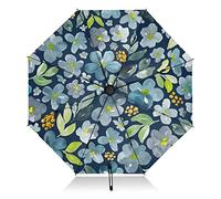 Collapsible Compact Umbrella Navy Blue Floral Reverse Windproof Travel Umbrella for Rain Sun Large 8 Ribs UV Umbrella Automatic for Men Women