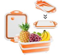 Collapsible Cutting Board with Drain for Camping Picnic BBQ Collapsible Sink Tub Dish Wash Basin Portable Dish Tub Foldable Dishpan for Home Kitchen (White Orange)