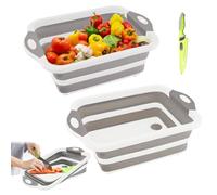 Collapsible Cutting Board with Drain for Camping Picnic BBQ Collapsible Sink Tub Dish Wash Basin Portable Dish Tub Foldable Dishpan for Home Kitchen (White Grey)