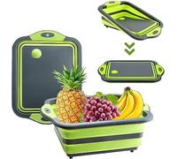 Collapsible Cutting Board with Drain for Camping Picnic BBQ Collapsible Sink Tub Dish Wash Basin Portable Dish Tub Foldable Dishpan for Home Kitchen (Green Black)