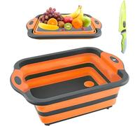 Collapsible Cutting Board with Drain for Camping Picnic BBQ Collapsible Sink Tub Dish Wash Basin Portable Dish Tub Foldable Dishpan for Home Kitchen (Orange Black)