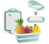 Collapsible Cutting Board with Drain for Camping Picnic BBQ Collapsible Sink Tub Dish Wash Basin Portable Dish Tub Foldable Dishpan for Home Kitchen (Greenish Blue)