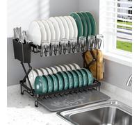 Collapsible Dish Drying Racks for Kitchen Counter, 2-Tier Stainless Steel Dish Rack Space Saving Dish Strainer, Over The Sink Dish Drainer for Dishes, Plates, Cups - Kitchen Counter Organizer (Black)