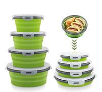 Collapsible Food Containers Bowls Storage Boxes with Lids for Camping Accessories, 4Pcs Round Silicone Lunch Flat Box Stacks Container Set for Rv Kitchen, BPA Free, Microwave & Freezer Safe Green