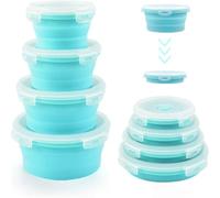 Collapsible Food Containers Bowls Storage Boxes with Lids for Camping Accessories, 4Pcs Round Silicone Lunch Flat Box Stacks Container Set for Rv Kitchen, BPA Free, Microwave & Freezer Safe blue
