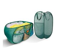 Collapsible Laundry Basket 2 pack, Mesh Pop Up Laundry Hampers with Handles, Anti-tear, Light Breathable, Odor-free, Fold Compact, Large Hold Portable Travel Laundry Bag for Home Bin, Green. H+V