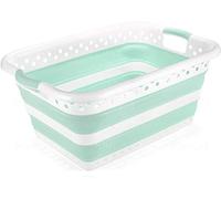 Collapsible Laundry Basket Foldable Storage Container/Organiser Portable Washing Tub - Space Saving Laundry Hamper - Perfect For Laundry Bedroom Storage or Bathroom, 45 litre (White & Aqua Haze)