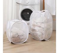 Collapsible Laundry Basket Pop Up Mesh Laundry Hamper with Side Pocket Clothes Toy Storage Bin for Bathroom Laundry Room Bedroom (White)