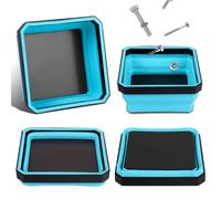 Collapsible Parts Tray Set, 4 Pack New Version Magnetic Tool Trays for Screw Bolts Nuts Washers Pins & Small Metal Parts-4.5' Square Silicone Bowls with Double Sided Magnetic Base(Sky Blue)