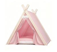 Collapsible Pet Teepee Tent, Stylish Cat & Dog Tent House with Soft Cushion & Solid Wood Frame for Indoor Use(Pink)