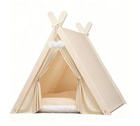 Collapsible Pet Teepee Tent, Stylish Cat & Dog Tent House with Soft Cushion & Solid Wood Frame for Indoor Use(Off-White)