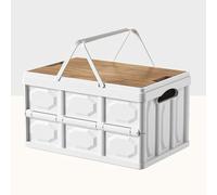 Collapsible Picnic Basket,Plastic Storage Crates with Wooden Lid,Large Capacity Stackable Storage Container Foldable Garage Organizer for Camping