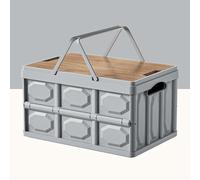 Collapsible Picnic Basket,Plastic Storage Crates with Wooden Lid,Large Capacity Stackable Storage Container Foldable Garage Organizer for Camping (Grey,XLarge)
