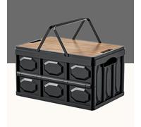 Collapsible Picnic Basket,Plastic Storage Crates with Wooden Lid,Large Capacity Stackable Storage Container Foldable Garage Organizer for Camping