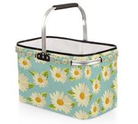Collapsible Picnic Basket with Handle, Daisy Blue Backdrop 30L Reusable Shopping Basket, Polyester Portable Market Basket for Shopping, Beach, Storage