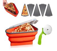 Collapsible Pizza Storage Container - Reusable Silicone Box with Cutter Wheel & 5 Microwavable Trays, Leftover Food Holder, Tortilla Wrap Storage, BPA-free Saver (Red)