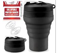 Collapsible Protein Shaker & Water Bottle - Food-Grade, Leakproof Lid 600mL/20oz Shaker Cup - Reusable Silicone Shaker Cups for Protein Shakes with Mixing Ball for Gym-goers & Travelers - Black