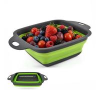 Collapsible Silicone Colander Basket with Handles, Square Folding Kitchen Strainer, Grey and Green Pasta Vegetable Fruit Drainer, Space Saving Plastic Colander for Sink