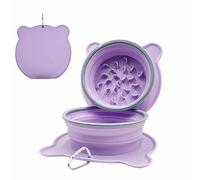 Collapsible Silicone Dog Bowls 2-in-1 - Double Compartment Foldable Pet Bowl (Standard/Slow Feeder) with Travel Hook & Base for Hiking, Camping (Purple)