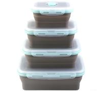 Collapsible Silicone Food Storage Containers Microwave-Safe Rectangular Design with Leak Proof Lid - 4 Piece Foldable Lunch Box Set (E)