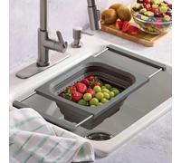 Collapsible Silicone Kitchen Colander - Space Saving Folding Strainer with Sturdy Base and Handles - Heat Resistant Food Grade - Light Blue & Grey (Grey)