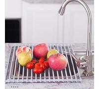 Collapsible Silicone & Stainless Steel Dish Rack Roll-Up Sink Drainer (33-52 x 24-24.5 cm) for Space-Saving Kitchen nization - Durable Easy Clean Multi-Functional