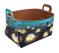 Collapsible Storage Bin Small 8.5"x5.5"x5.1" - Foldable Basket with Handles for Shelves, Nursery, Closet, Storage, Laundry Room Organization - Man Rowing Boat Glowing Moons Floating Night Scenery