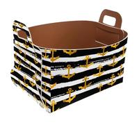 Collapsible Storage Bin Small 8.5"x5.5"x5.1" - Foldable Basket with Handles for Shelves, Nursery, Closet, Storage, Laundry Room Organization - Golden Anchors on Black and White Striped Pattern
