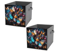 Collapsible Storage Bins with Dual Handles Fabric Storage Basket Foldable Cubes Organizer Baskets Colorful Butterflies Flying Around on Black Background Storage Boxes for Organizing Clothing Cube Stor