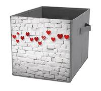 Collapsible Storage Bins with Dual Handles Fabric Storage Basket Foldable Cubes Organizer Baskets Red Hearts on White Brick Wall Storage Boxes for Organizing Clothing Cube Storage Organizer Bins