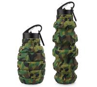 Collapsible Travel Water Bottle 19.6 oz, Reusable Silicone Collapsible Water Bottle for School,Office,Gym,Camping,Hiking,Family, Portable Leak Proof Sports Bottle with Carabiner(Army green camouflage)
