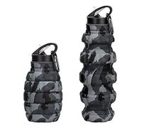 Collapsible Travel Water Bottle 19.6 oz, Reusable Silicone Collapsible Water Bottle for School, Office, Gym, Camping and Hiking, Portable Leak Proof Sports Bottle with Carabiner (Dark grey camouflage)