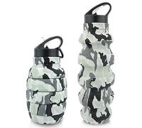 Collapsible Travel Water Bottle 19.6 oz, Reusable Silicone Collapsible Water Bottle for Schools, Offices and Outdoor Places, Portable Leak Proof Sports Bottle with Carabiner (Light grey camouflage)