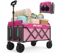 Collapsible Wagon with Wheels, Lightweight Utility Camping Wagons Carts Foldable with 220lbs Weight Capacity, Carts with Cup Holders for Garden, Sports, Grocery, Shopping (Pink)