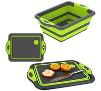 Collapsible Washing Up Bowl with Integrated Chopping Board - 3 in 1 Foldable Vegetable Basket, Basin Tub with Drain, Silicone Cutting Board & Multifunctional Dish Tub for Kitchen and Camping, Green