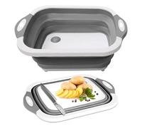 Collapsible Washing Up Bowl with Integrated Cutting Board - 3-in-1 Foldable Chopping Board, Vegetable Basket & Dish Tub - Wash Basin with Draining Plug for Kitchen, Travel, Picnic, BBQ (Gray & White)