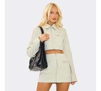 Collar Neck Zip Through Cargo Pocket Cropped Jacket In Stone Faux Leather, Women's Size UK 12