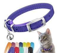 CollarDirect Leather Cat Collar, Cat Safety Collar with Elastic Strap, Kitten Collar for Cat with Bell Black Blue Red Orange Lime Green (Neck Fit 9"-11", Purple)